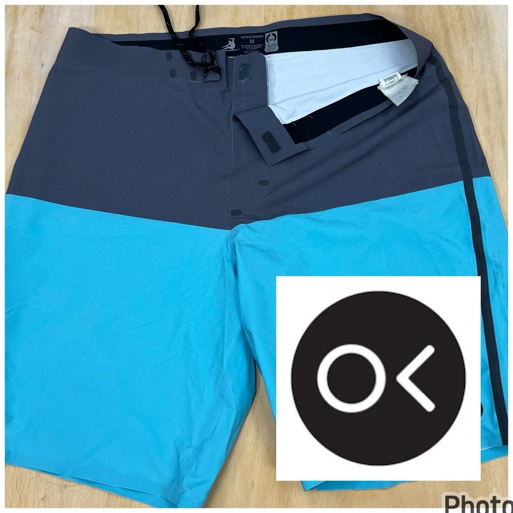 Outerknown Apex Evo Trunks Mens 33x9 Board Shorts Surf Swim Linerless Blue/Gray